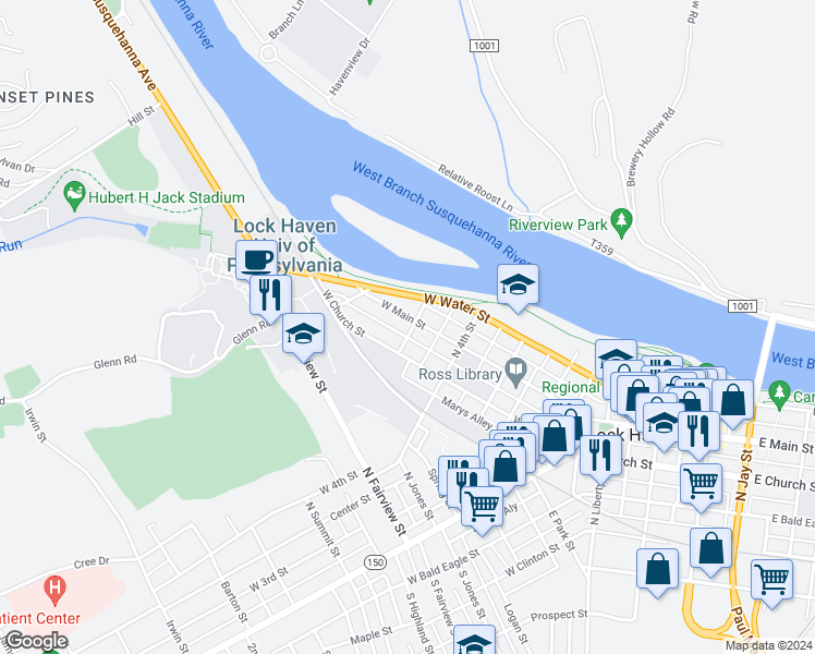 map of restaurants, bars, coffee shops, grocery stores, and more near 505 West Main Street in Lock Haven
