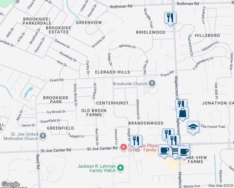 map of restaurants, bars, coffee shops, grocery stores, and more near 5614 Centerhurst Road in Fort Wayne