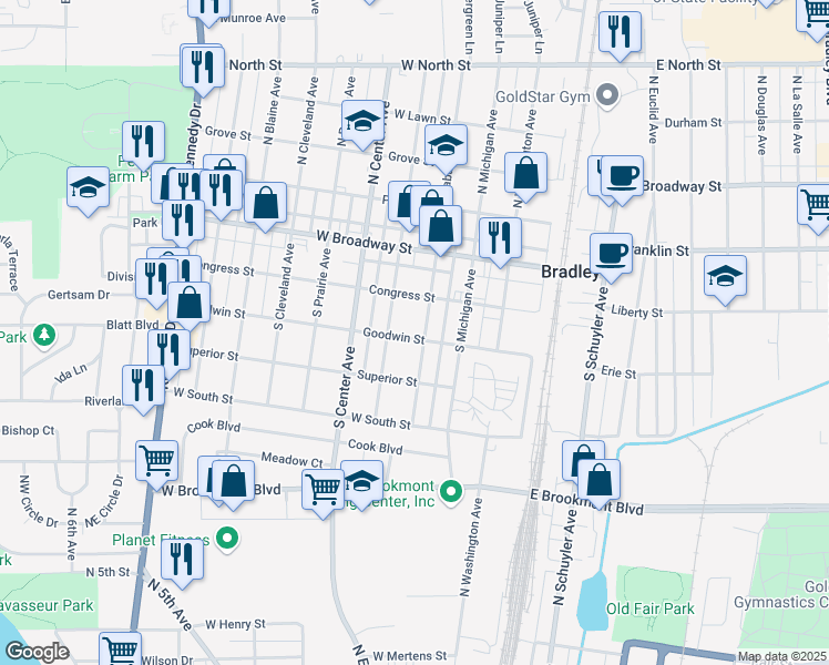 map of restaurants, bars, coffee shops, grocery stores, and more near 269 South Wabash Avenue in Bradley