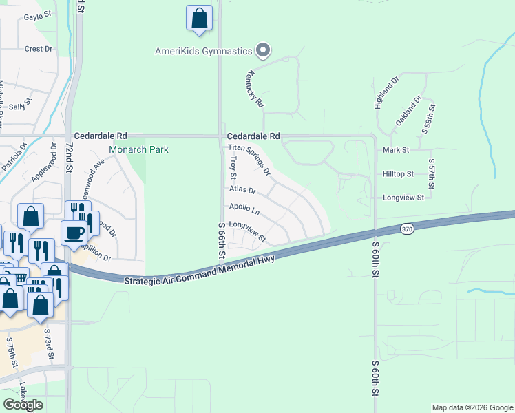 map of restaurants, bars, coffee shops, grocery stores, and more near 1907 Atlas Drive in Papillion