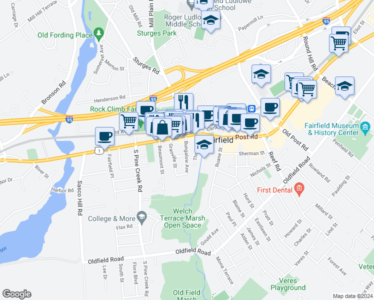 map of restaurants, bars, coffee shops, grocery stores, and more near 55 Bungalow Avenue in Fairfield