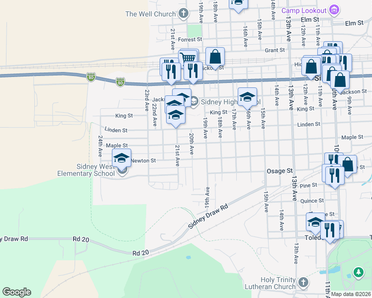 map of restaurants, bars, coffee shops, grocery stores, and more near 2021-2099 Maple Street in Sidney