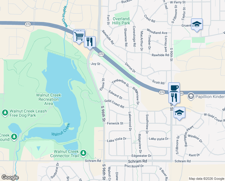 map of restaurants, bars, coffee shops, grocery stores, and more near 1112 Edward Street in Papillion