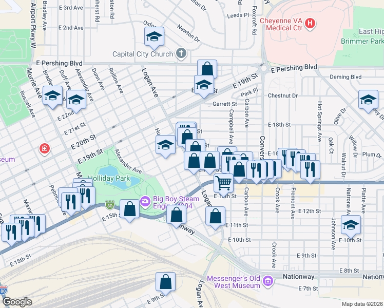 map of restaurants, bars, coffee shops, grocery stores, and more near 1815 E 17th St in Cheyenne