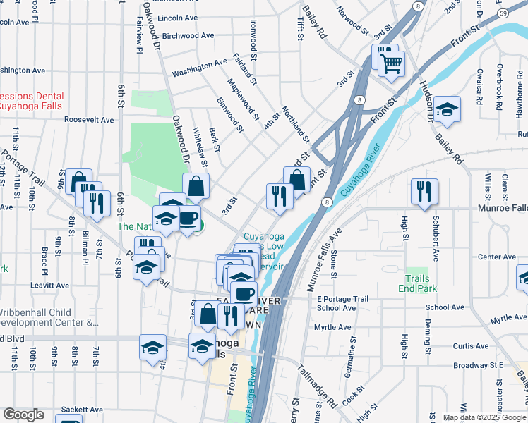 map of restaurants, bars, coffee shops, grocery stores, and more near 145 Wadsworth Avenue in Cuyahoga Falls