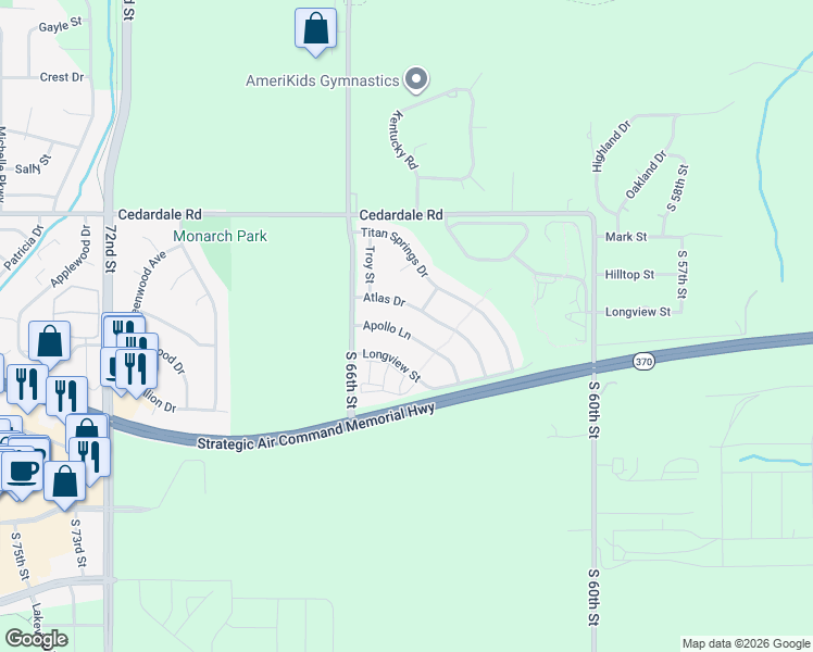 map of restaurants, bars, coffee shops, grocery stores, and more near 1907 Atlas Drive in Papillion