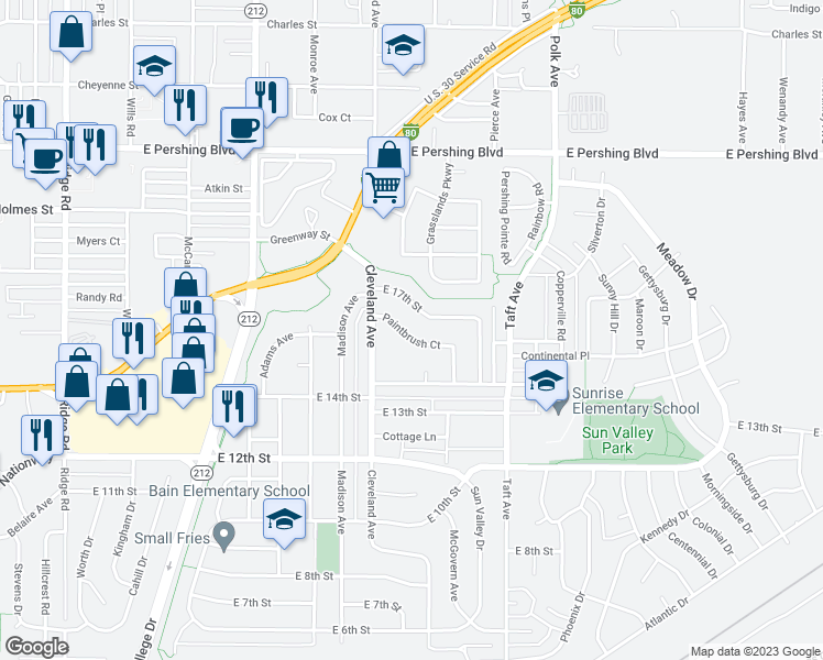 map of restaurants, bars, coffee shops, grocery stores, and more near 4502 East 16th Street in Cheyenne