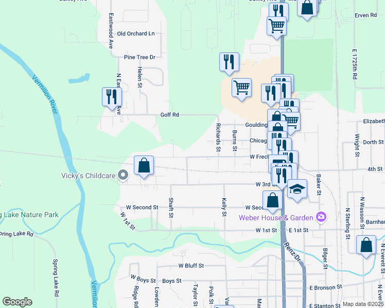 map of restaurants, bars, coffee shops, grocery stores, and more near 516 West Frech Street in Streator