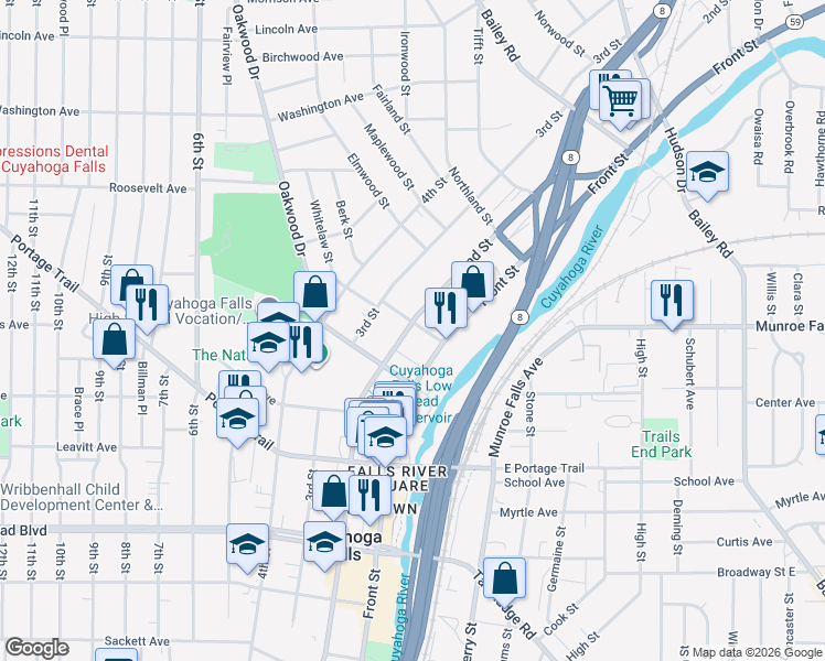 map of restaurants, bars, coffee shops, grocery stores, and more near 145 Wadsworth Avenue in Cuyahoga Falls