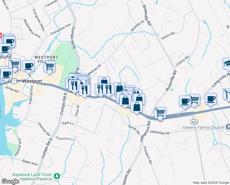 map of restaurants, bars, coffee shops, grocery stores, and more near 11 Crescent Park Road in Westport