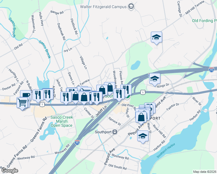 map of restaurants, bars, coffee shops, grocery stores, and more near 55 Southport Ridge in Fairfield