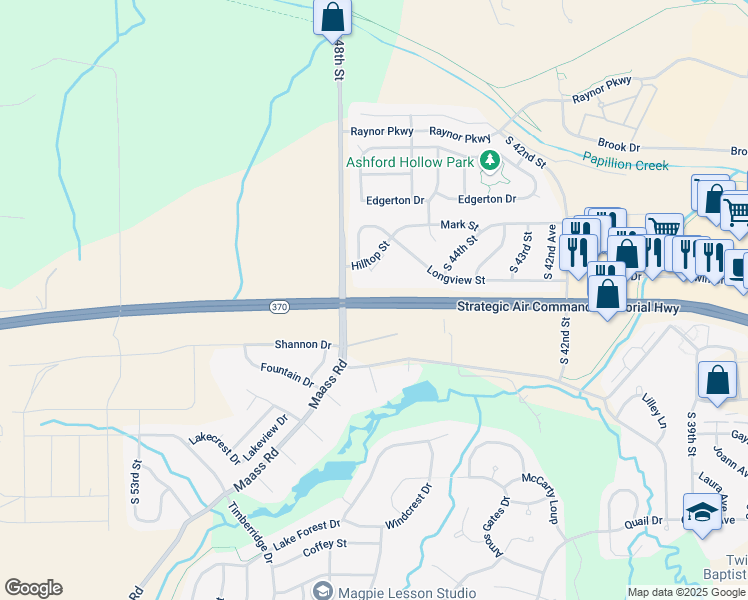 map of restaurants, bars, coffee shops, grocery stores, and more near 4754 Strategic Air Command Memorial Highway in Papillion