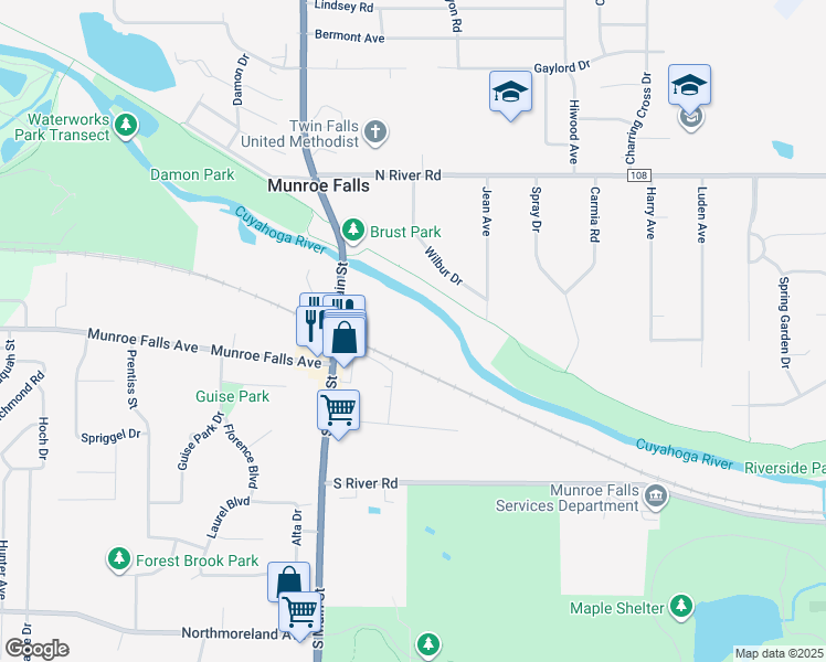 map of restaurants, bars, coffee shops, grocery stores, and more near in Munroe Falls