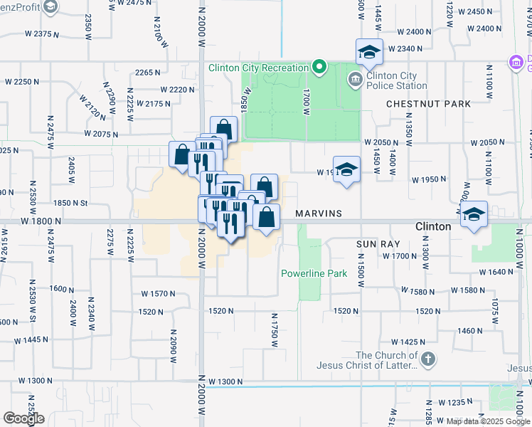 map of restaurants, bars, coffee shops, grocery stores, and more near 1808 West 1800 North in Clinton