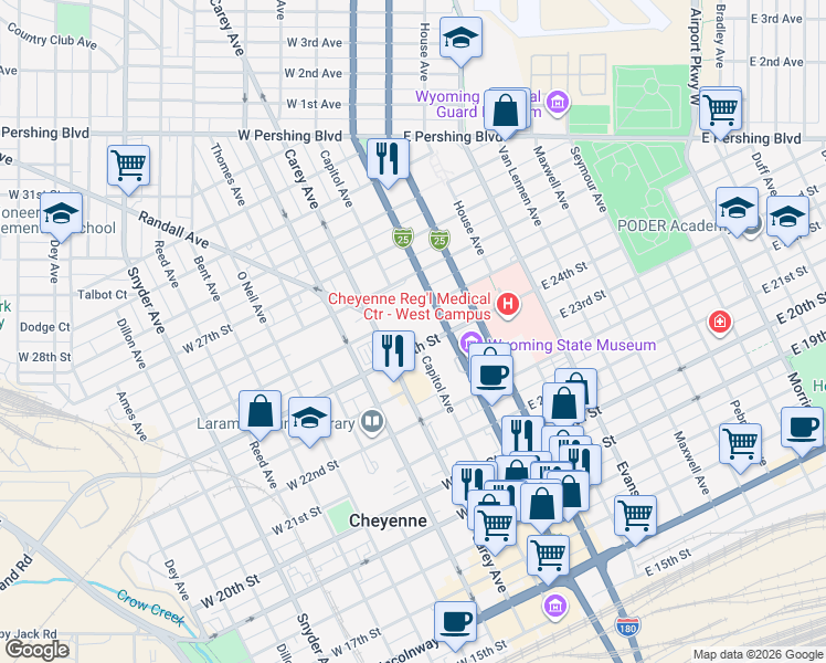 map of restaurants, bars, coffee shops, grocery stores, and more near 200 West 24th Street in Cheyenne