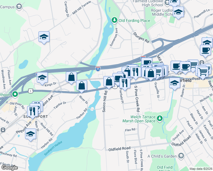 map of restaurants, bars, coffee shops, grocery stores, and more near 2334-2410 Post Rd in Fairfield