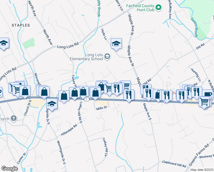 map of restaurants, bars, coffee shops, grocery stores, and more near 3 Bowling Lane in Westport