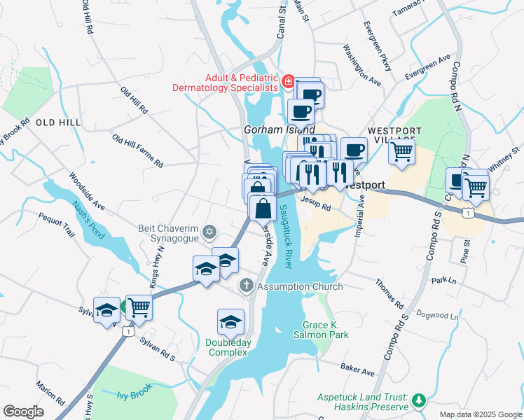 map of restaurants, bars, coffee shops, grocery stores, and more near U.S. Route 1 in Westport