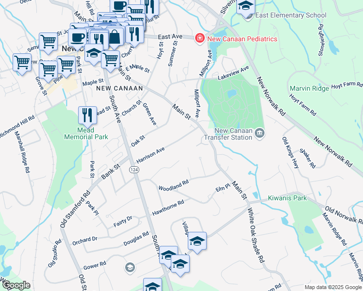 map of restaurants, bars, coffee shops, grocery stores, and more near 99 Harrison Avenue in New Canaan