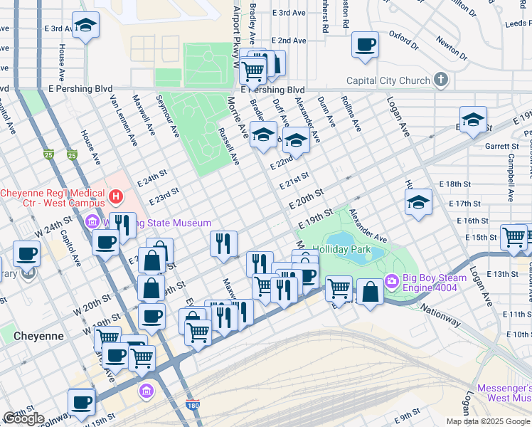 map of restaurants, bars, coffee shops, grocery stores, and more near 904 East 20th Street in Cheyenne