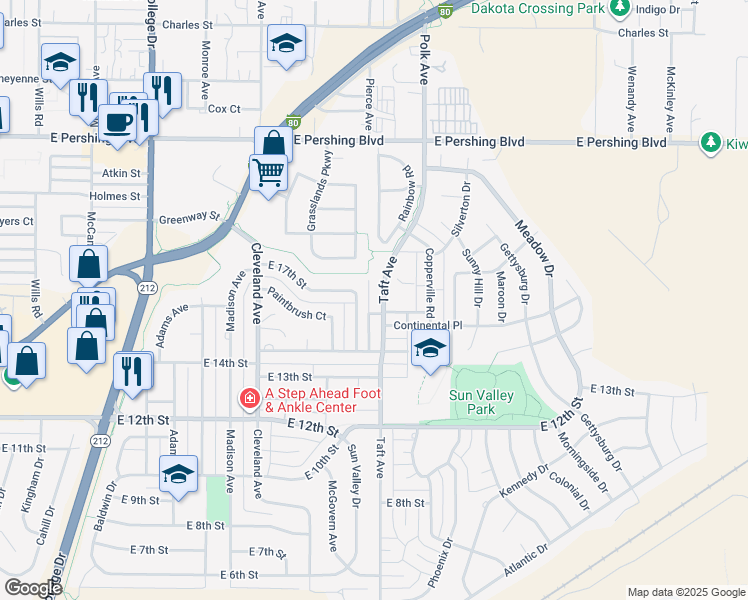 map of restaurants, bars, coffee shops, grocery stores, and more near 1603 Taft Avenue in Cheyenne