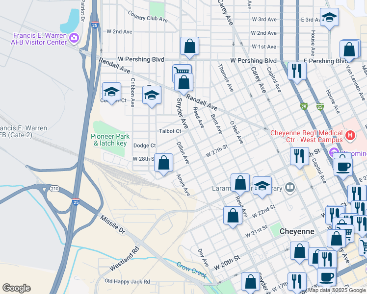 map of restaurants, bars, coffee shops, grocery stores, and more near 2802 Snyder Avenue in Cheyenne