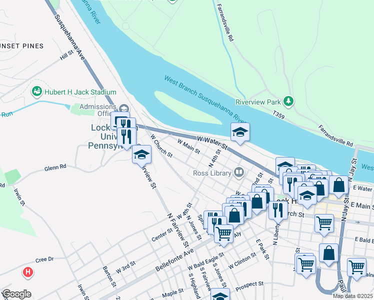 map of restaurants, bars, coffee shops, grocery stores, and more near 505 West Main Street in Lock Haven