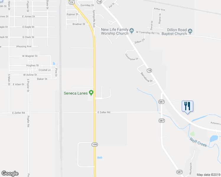 map of restaurants, bars, coffee shops, grocery stores, and more near 1200-1210 Peeler Drive in Fostoria