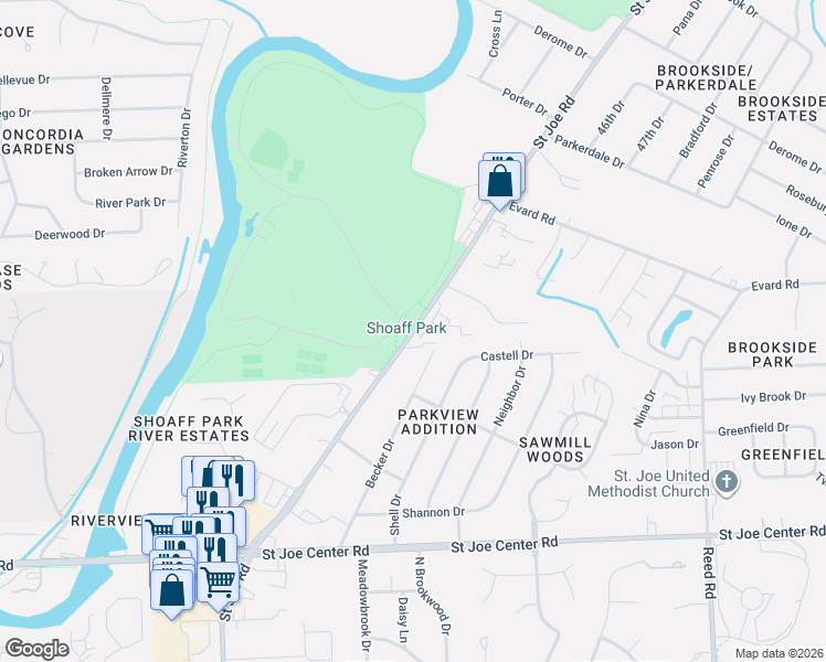 map of restaurants, bars, coffee shops, grocery stores, and more near 6343 Saint Joe Road in Fort Wayne