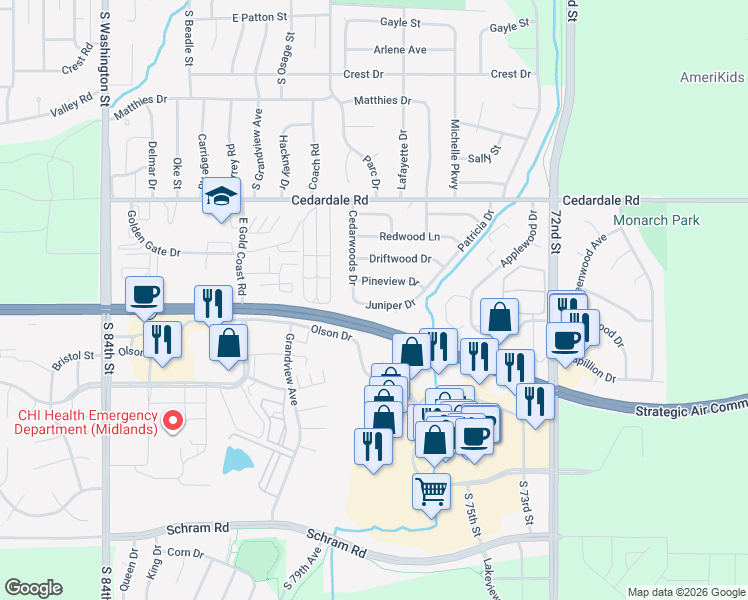 map of restaurants, bars, coffee shops, grocery stores, and more near 806 Juniper Drive in Papillion