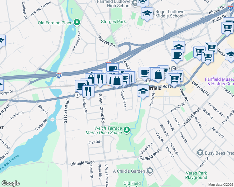 map of restaurants, bars, coffee shops, grocery stores, and more near 23 Beaumont Street in Fairfield