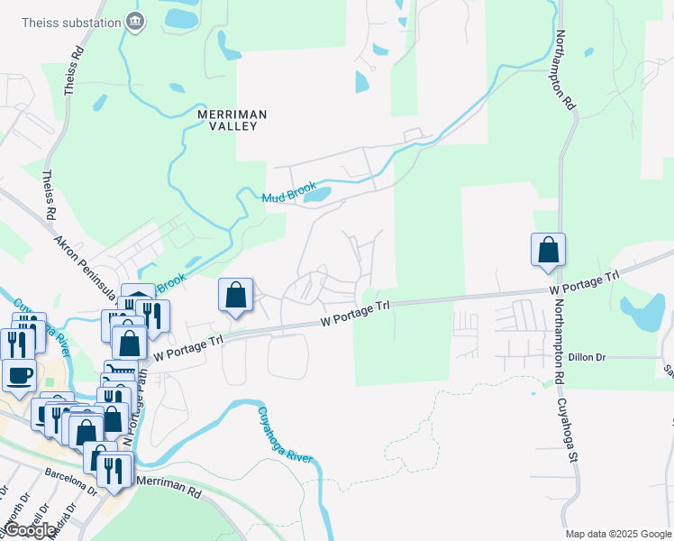 map of restaurants, bars, coffee shops, grocery stores, and more near 1792 Treetop Trail in Akron