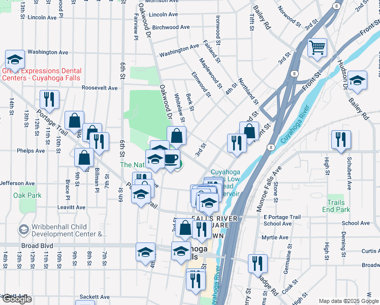 map of restaurants, bars, coffee shops, grocery stores, and more near 2323 Oakwood Drive in Cuyahoga Falls