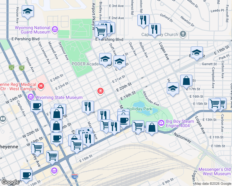 map of restaurants, bars, coffee shops, grocery stores, and more near 2004 Morrie Avenue in Cheyenne
