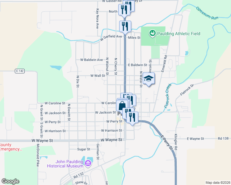 map of restaurants, bars, coffee shops, grocery stores, and more near 403 North Cherry Street in Paulding