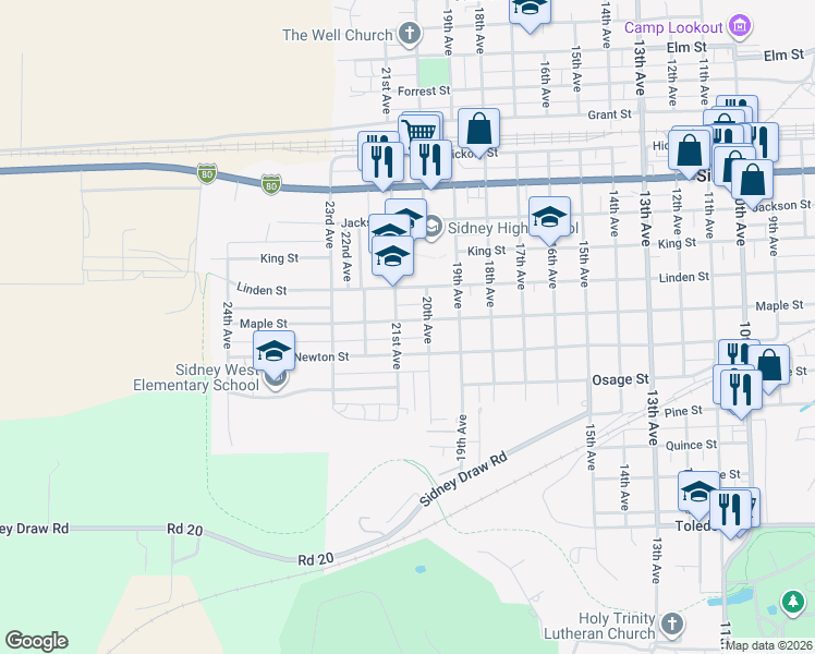 map of restaurants, bars, coffee shops, grocery stores, and more near 2021 Maple Street in Sidney