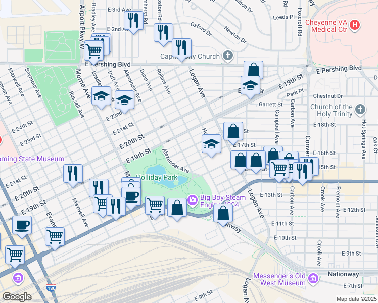 map of restaurants, bars, coffee shops, grocery stores, and more near 1409 East 18th Street in Cheyenne