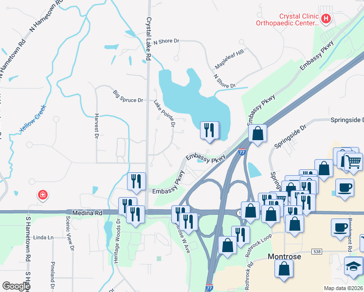 map of restaurants, bars, coffee shops, grocery stores, and more near 255 Lake Pointe Drive in Akron