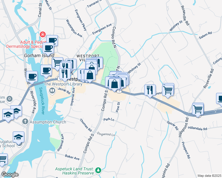 map of restaurants, bars, coffee shops, grocery stores, and more near 422 Post Road East in Westport
