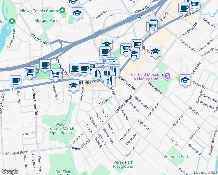 map of restaurants, bars, coffee shops, grocery stores, and more near 48 Reef Road in Fairfield
