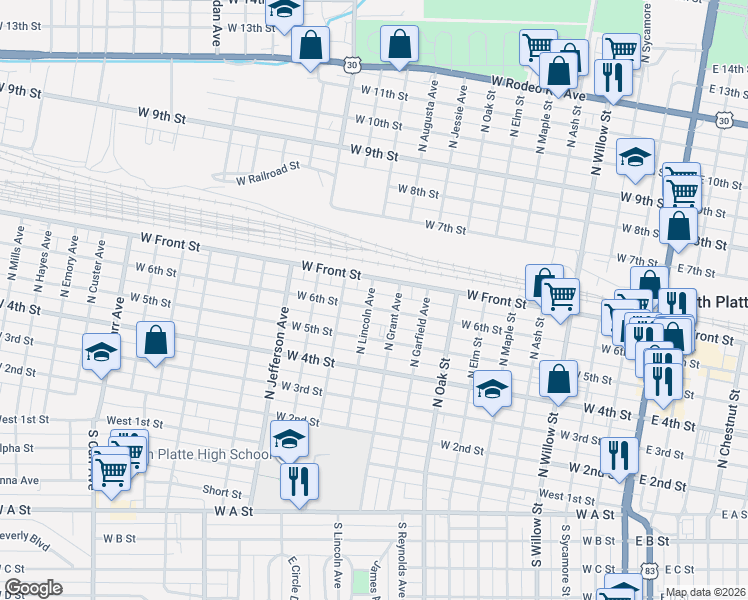 map of restaurants, bars, coffee shops, grocery stores, and more near 601-613 N Lincoln Ave in North Platte