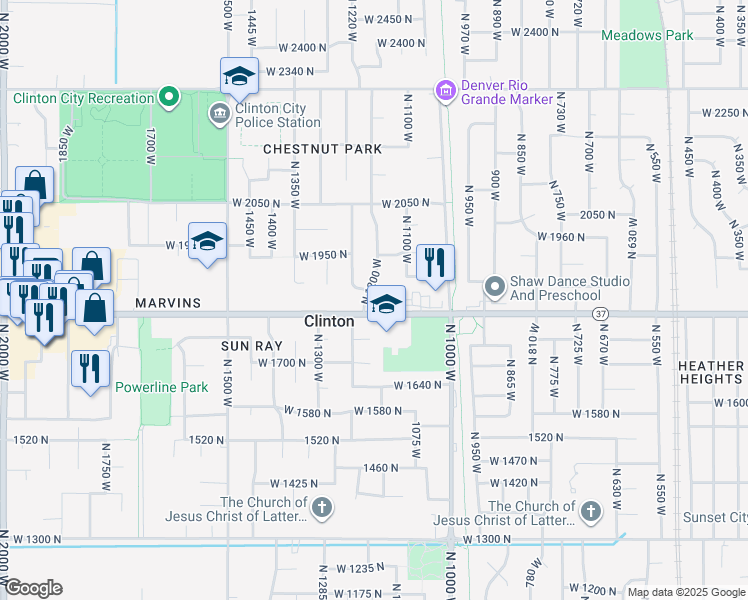 map of restaurants, bars, coffee shops, grocery stores, and more near 1852 North 1200 West in Clinton