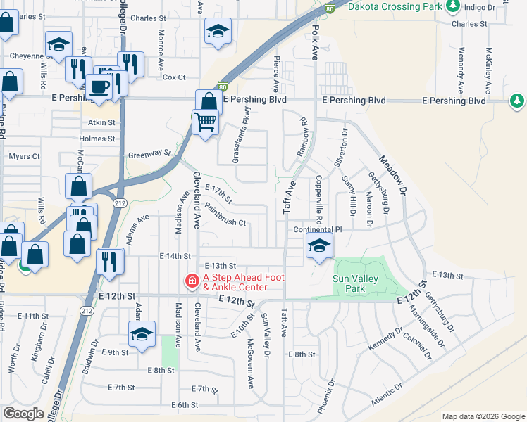 map of restaurants, bars, coffee shops, grocery stores, and more near 1616 Columbine Court in Cheyenne