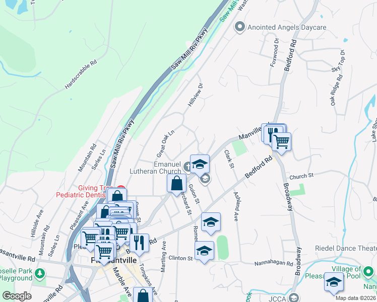 map of restaurants, bars, coffee shops, grocery stores, and more near 45 Eastview Avenue in Pleasantville