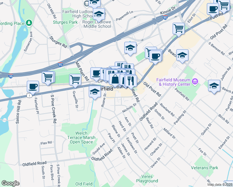 map of restaurants, bars, coffee shops, grocery stores, and more near 1601 Post Road in Fairfield