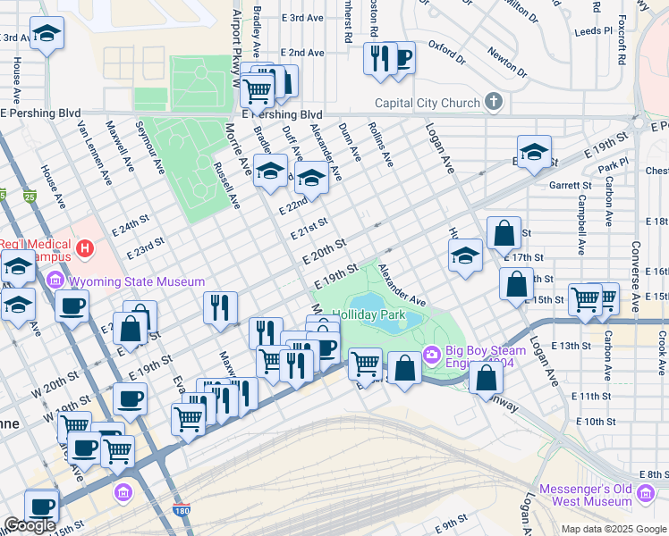 map of restaurants, bars, coffee shops, grocery stores, and more near 1919 Bradley Avenue in Cheyenne