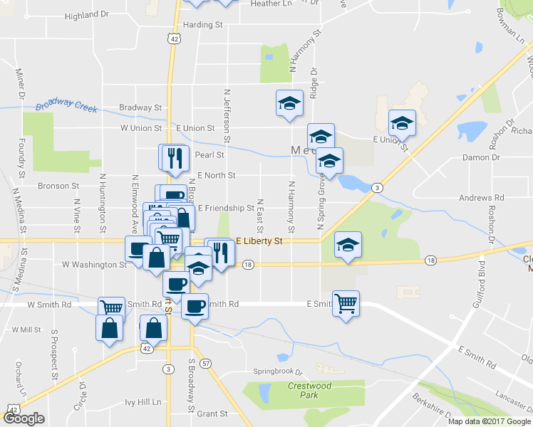 map of restaurants, bars, coffee shops, grocery stores, and more near 408 East Friendship Street in Medina