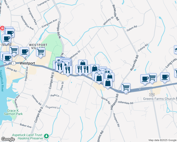 map of restaurants, bars, coffee shops, grocery stores, and more near 11 Crescent Park Road in Westport