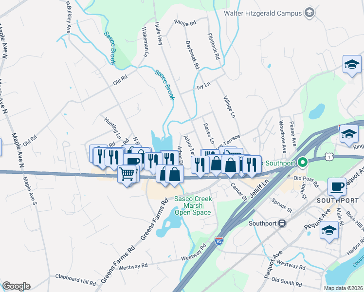 map of restaurants, bars, coffee shops, grocery stores, and more near 214 Arbor Drive in Fairfield