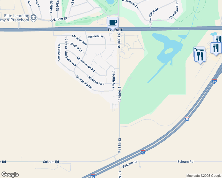 map of restaurants, bars, coffee shops, grocery stores, and more near 16856 Samantha Road in Gretna